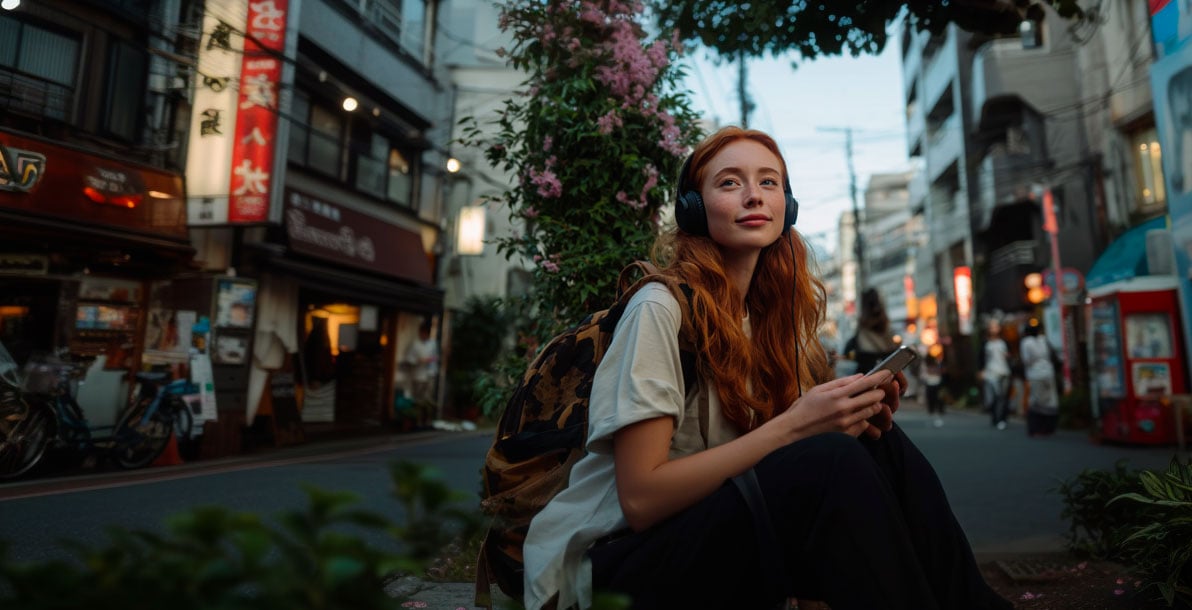 young girl traveling in a city